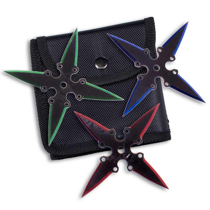 Arrowhead Throwing Star Set - 6 Point Multicolored Set of Shuriken -  3-Piece Colored Ninja Star Set